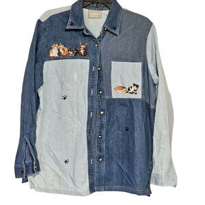 Vintage Blair Denim Shirt Embroidered Cats Paw Prints Womens M Button  Up